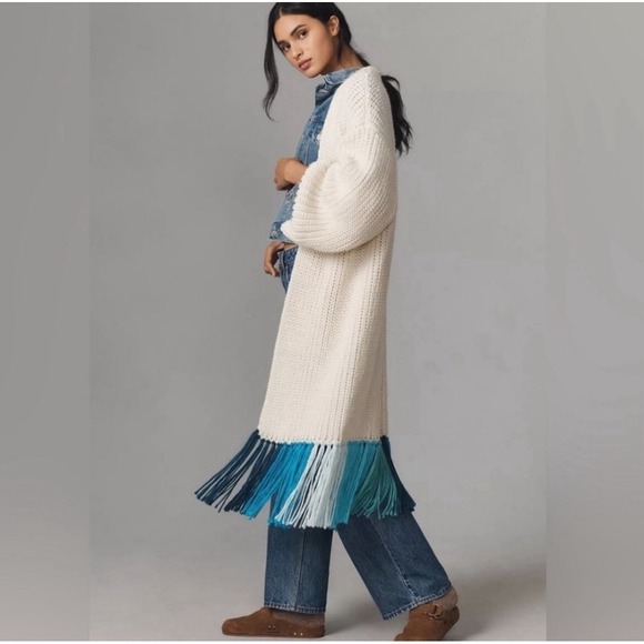 Anthropologie Sweaters - ANTHROPOLOGIE Long Cardigan‎ Sweater Cream w Blue Ombre Fringe Size OS Boho